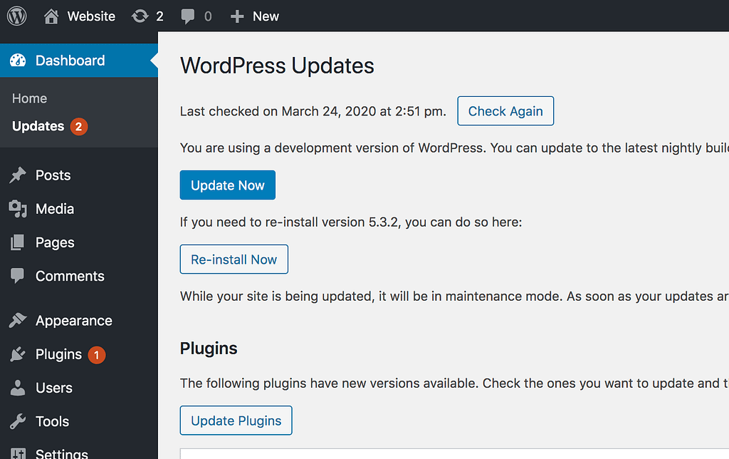Wordpress Updates Menu