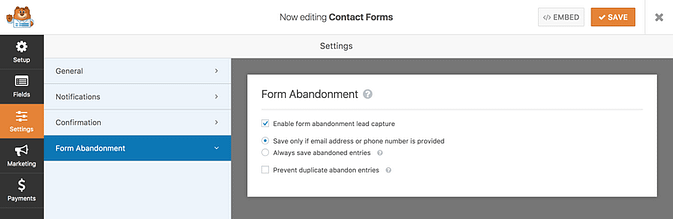 Form Abandonment settings panel
