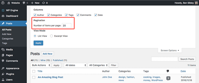 Pagination setting for changing posts per page