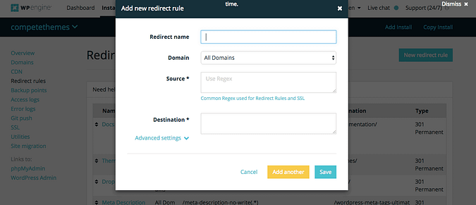 Screenshot of the WP Engine redirect form