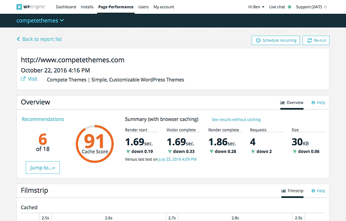 screenshot of a WP Engine page performance report