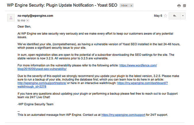 screenshot of email from WP Engine about a plugin vulnerability