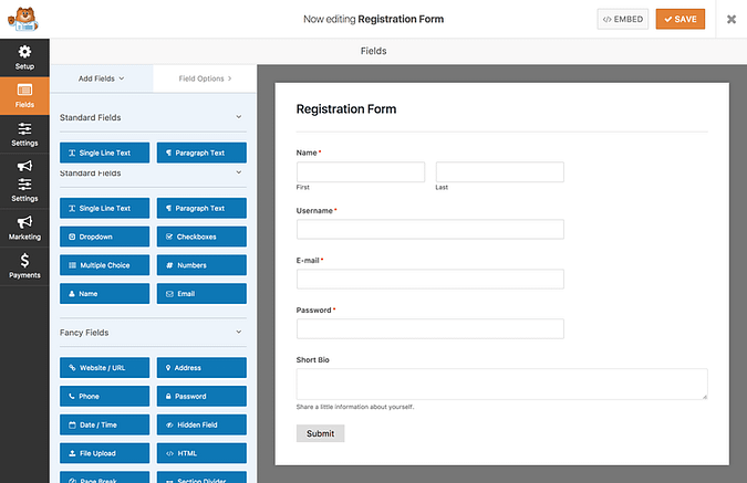 Screenshot of the default registration form