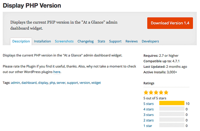 Screenshot of the Display PHP Version plugin on wordpress.org