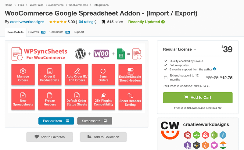 WooCommerce Google Spreadsheet Addon plugin