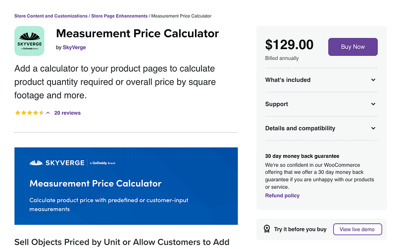 Measurement Price Calculator plugin
