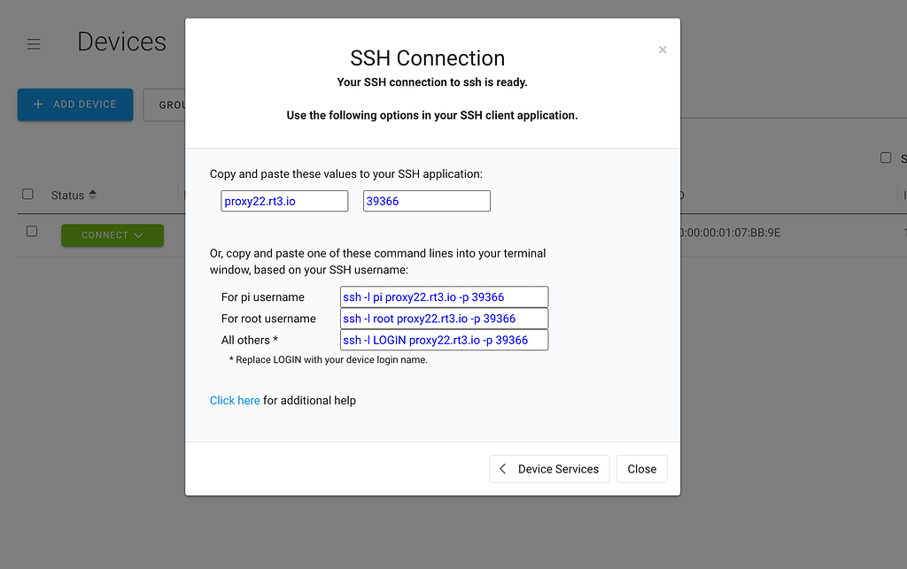 ssh connection info