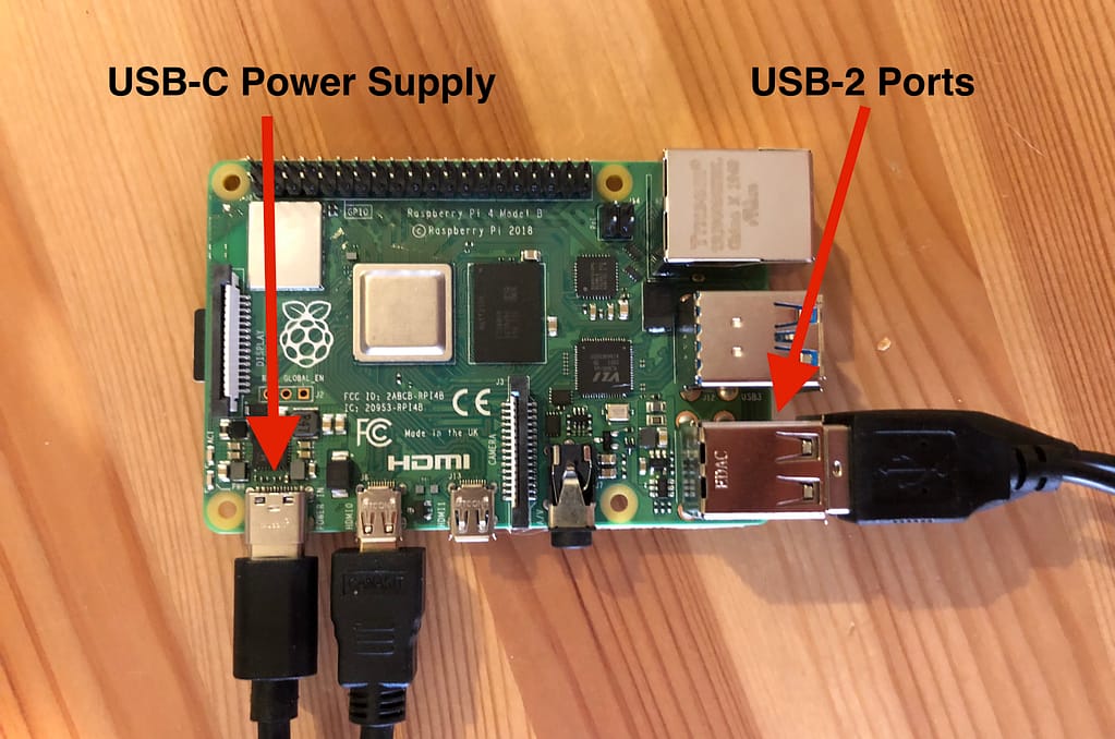 Peripherals plugged into a Raspberry Pi 4