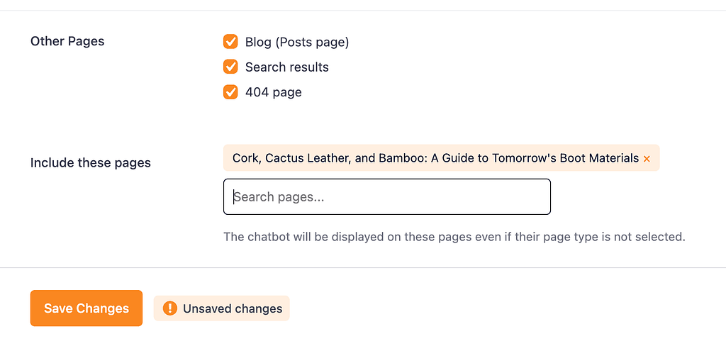 How to choose which pages your chatbot displays on 4 Include these pages setting