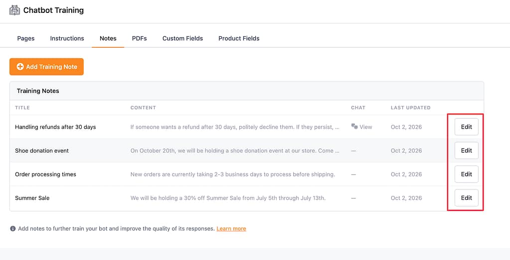 How to train your chatbot with notes 3 Edit note buttons