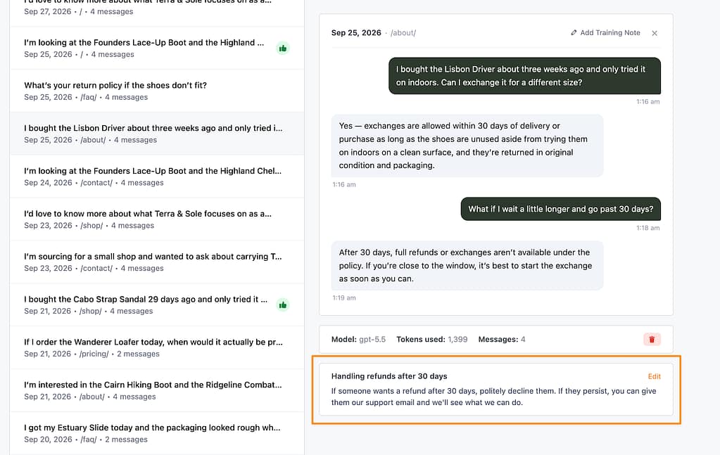 How to train your chatbot with notes 6 Training note created from a chat