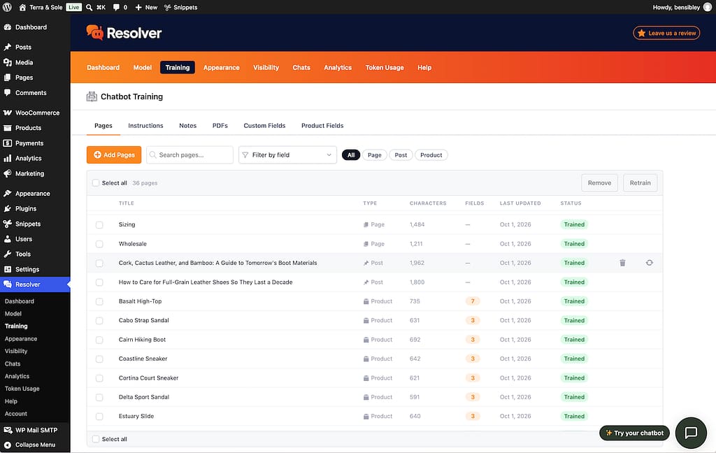 Resolver training menu