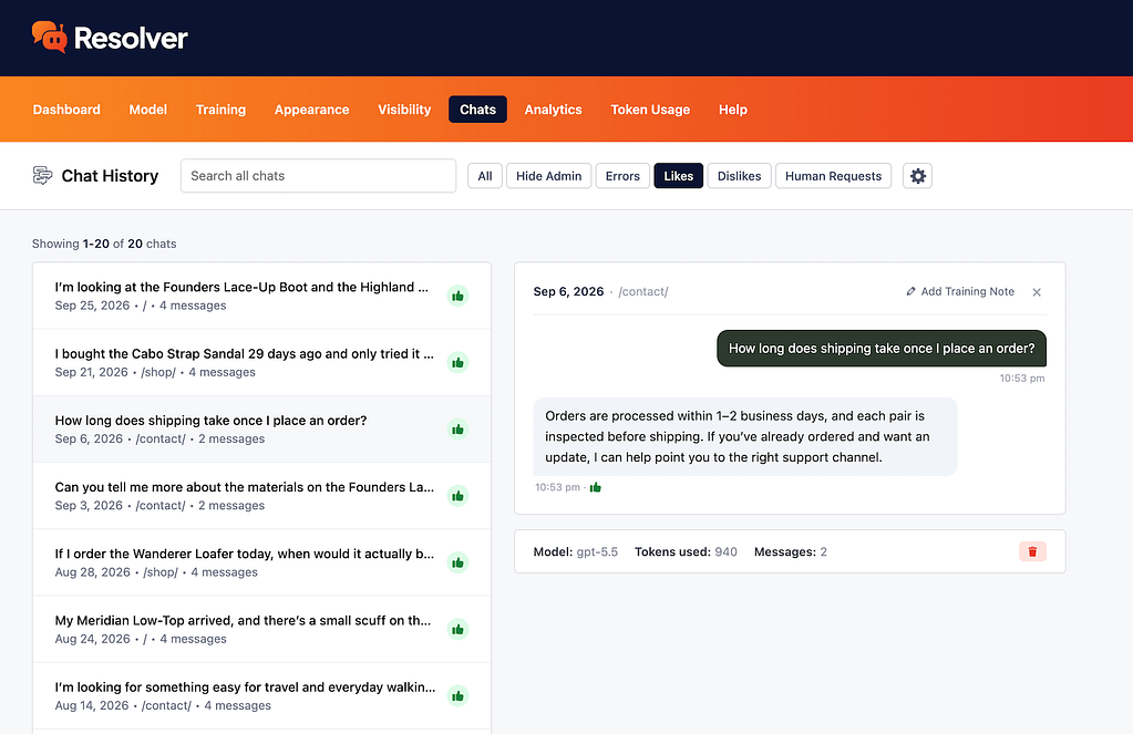 How to use the feedback analytics 4 Chats filtered by likes