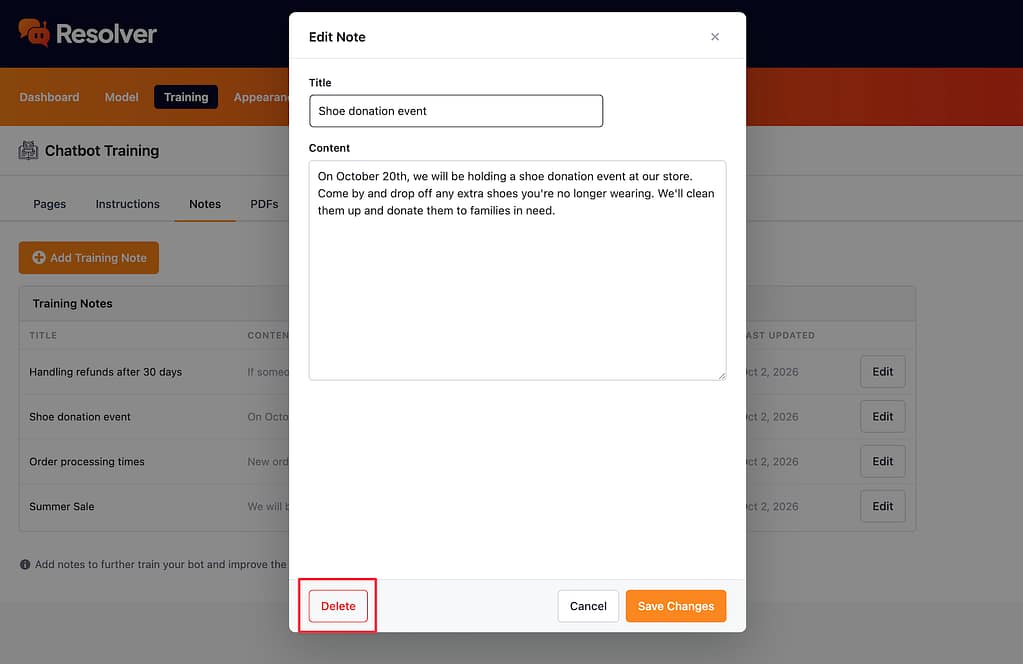 How to train your chatbot with notes 4 Delete note button