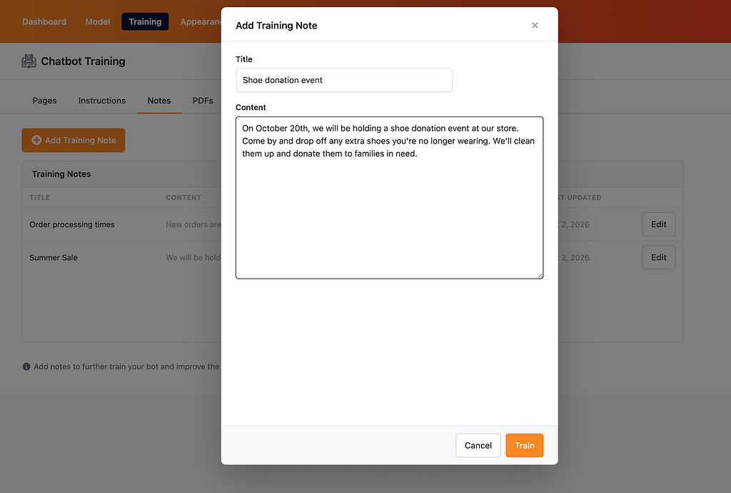How to train your chatbot with notes 2 Adding a new training note