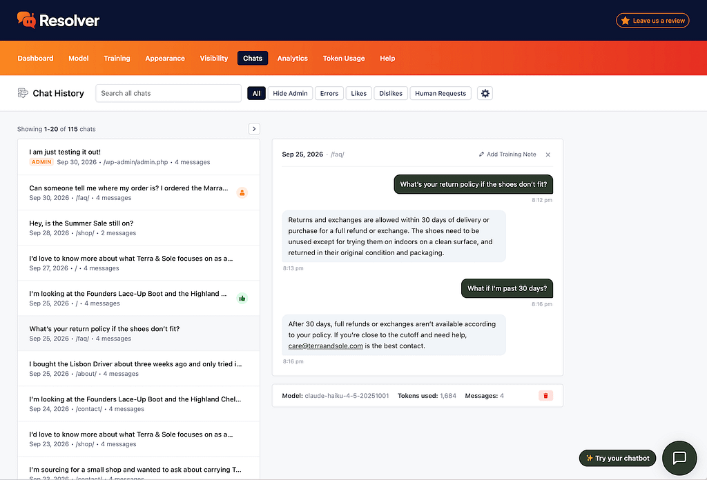 How to continuously improve your chatbot 1 Resolver chats menu