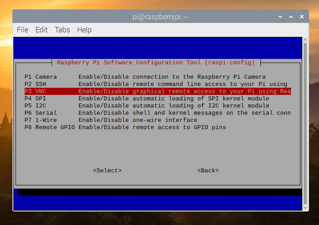 select vnc menu