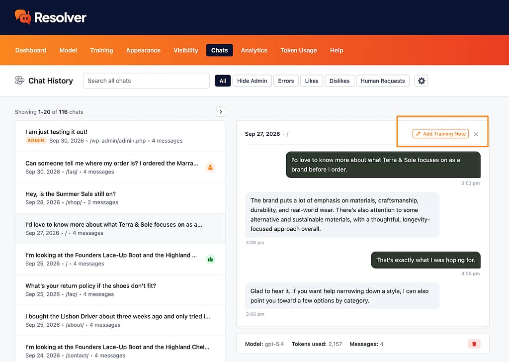 How to train your chatbot with notes 5 Adding a training note from a chat