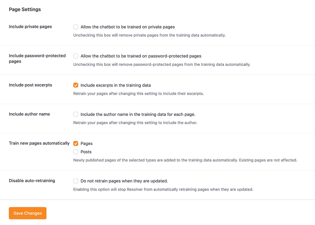 How to train your chatbot on your site's pages 4 Advanced settings for page training