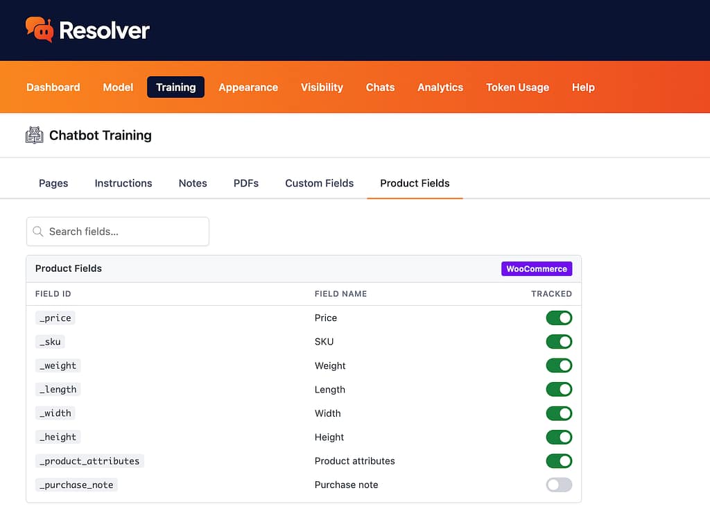 Resolver product fields menu
