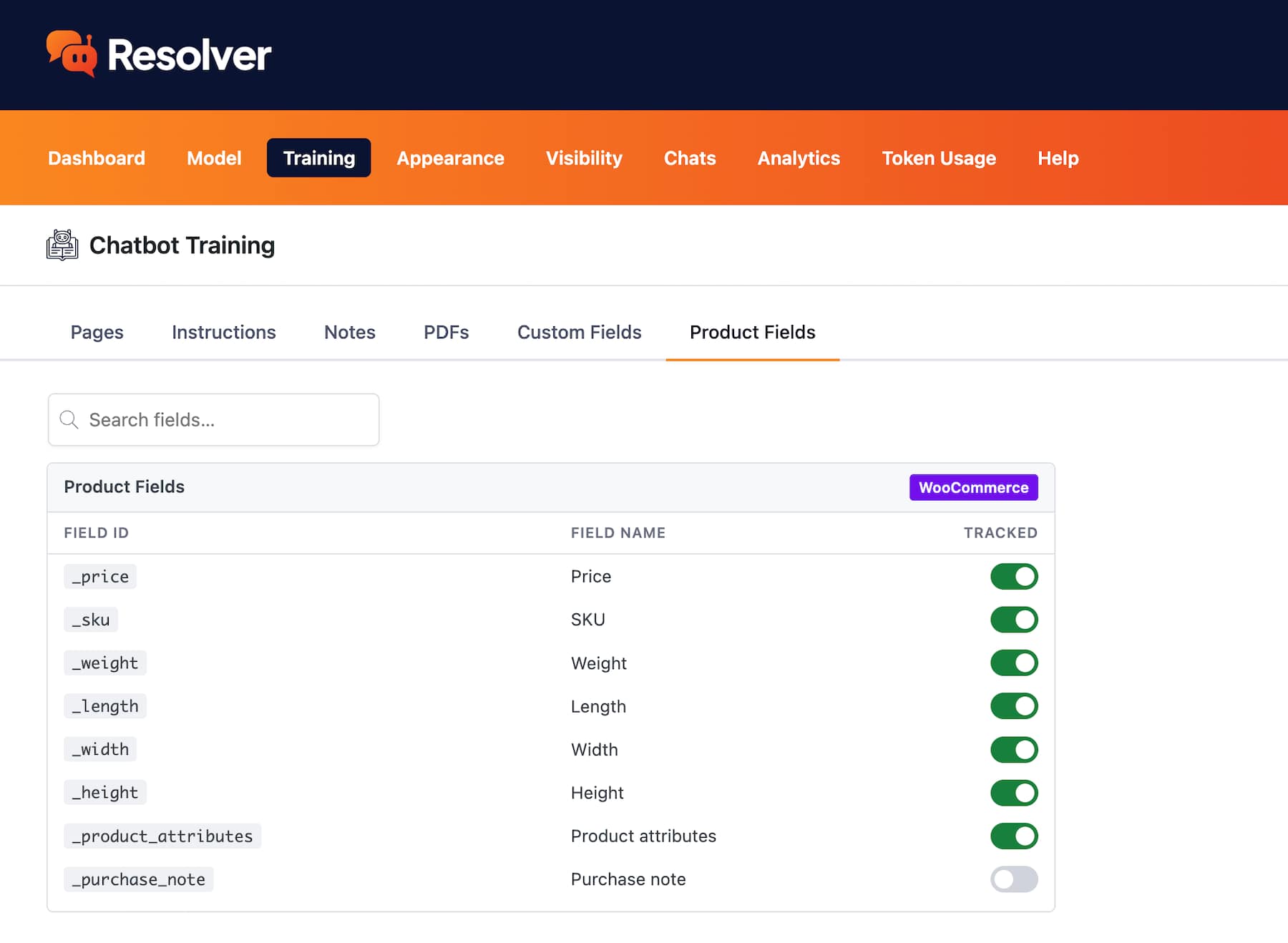 Resolver Product Fields menu