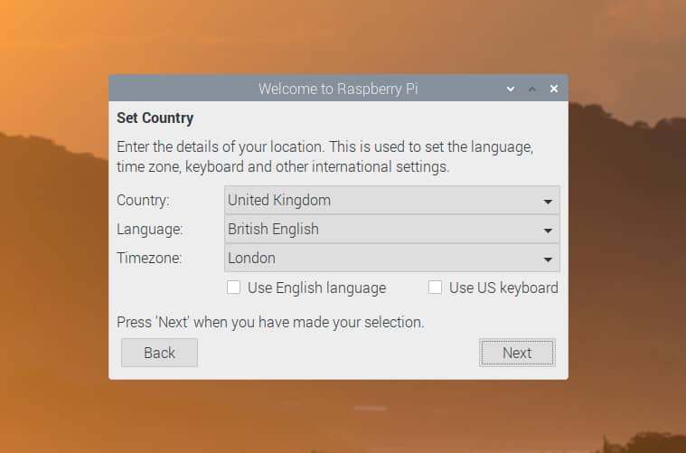 Country, language, and timezone options
